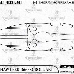 Op de afbeelding: Zwart-wit lijntekening van een Kershaw Leek 1660 mesontwerp, getiteld "KERSHAW LEEK 1660 SCROLL ART". Het ontwerp is geschikt voor graveren en bevat de tekst "FRIENDLY FOR INKSPACE" en "ENGRAVINGFIREARMSDESIGN".
