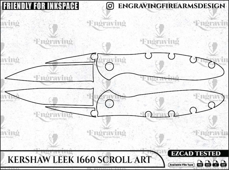 Op de afbeelding: Zwart-wit lijntekening van een Kershaw Leek 1660 mesontwerp, getiteld "KERSHAW LEEK 1660 SCROLL ART". Het ontwerp is geschikt voor graveren en bevat de tekst "FRIENDLY FOR INKSPACE" en "ENGRAVINGFIREARMSDESIGN".