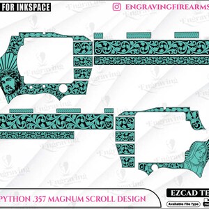 May include: A detailed scroll design for a Colt Python .357 Magnum, featuring teal and black floral patterns and religious imagery. The design is intended for use with Inkspace and is EZCAD tested.