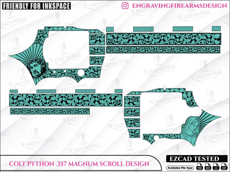 May include: A detailed scroll design for a Colt Python .357 Magnum, featuring teal and black floral patterns and religious imagery. The design is intended for use with Inkspace and is EZCAD tested.