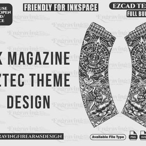Pode incluir: Design digital preto e branco de uma revista AK com tema asteca. O design apresenta um padrão circular com um motivo de sol e águia. O texto "AK MAGAZINE AZTEC THEME DESIGN" é exibido acima do design. O texto "Available File Type" é exibido abaixo do design com ícones para os tipos de arquivos PNG, SVG, AI e DXF.