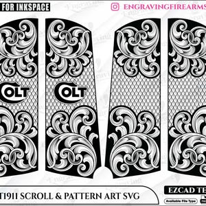 May include: Black and white Colt 1911 scroll and pattern art SVG design. The design features ornate scrollwork and the Colt logo. The text "COLT1911 SCROLL & PATTERN ART SVG" is at the bottom. The design is EZCAD tested.