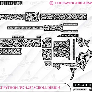 Op de afbeelding: Zwart-wit scrollontwerp voor een Colt Python .357 4,25" vuurwapen. Het ontwerp toont gedetailleerde bloempatronen op verschillende onderdelen. De afbeelding bevat de tekst "FRIENDLY FOR INKSPACE" en "ENGRAVINGFIREARMSDESIGN".