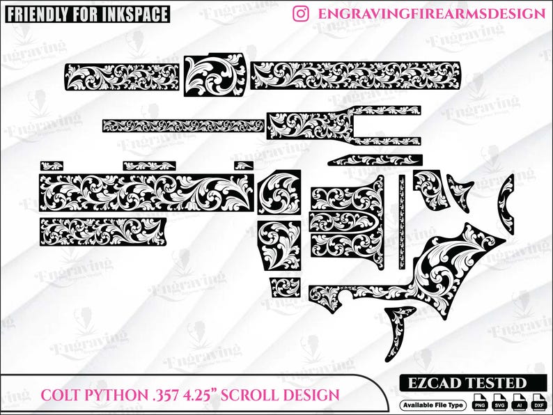Op de afbeelding: Zwart-wit scrollontwerp voor een Colt Python .357 4,25" vuurwapen. Het ontwerp toont gedetailleerde bloempatronen op verschillende onderdelen. De afbeelding bevat de tekst "FRIENDLY FOR INKSPACE" en "ENGRAVINGFIREARMSDESIGN".
