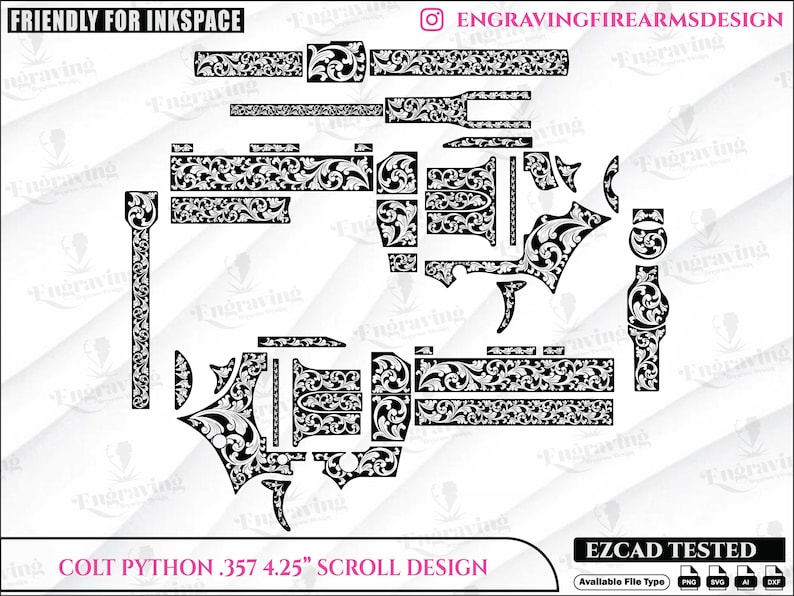 Op de afbeelding: Zwart-wit scrollontwerp voor een Colt Python .357 4,25" vuurwapen. Het ontwerp bestaat uit verschillende onderdelen met bloemen- en siermotieven. De afbeelding bevat de tekst "COLT PYTHON .357 4.25" SCROLL DESIGN".