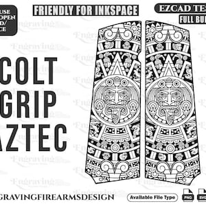 May include: Black and white Aztec-themed Colt grip design. The design features a detailed illustration of a face with intricate patterns and shapes. Text on the image reads "COLT GRIP AZTEC" and "ENGRAVINGFIREARMSDESIGN".