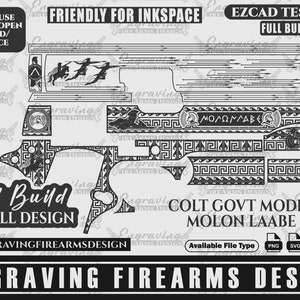 Könnte beinhalten: Ein schwarzweißes digitales Design für eine Colt Government Model Pistole mit einem griechischen Schlüsselmuster und dem Text "MOLON LAABE". Das Design ist mit "Full Build Scroll Design" gekennzeichnet und umfasst die Dateitypen PNG, SVG, AI und DXF.