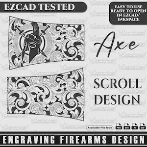 Puede incluir: Un diseño digital en blanco y negro de un patrón de desplazamiento con un casco espartano y espadas cruzadas. El diseño está etiquetado como "Axe Scroll Design" y está disponible en los formatos de archivo PNG, SVG, AI y DXF. El texto "EZCAD TESTED" y "Engraving Firearms Design" también se incluye en la imagen.