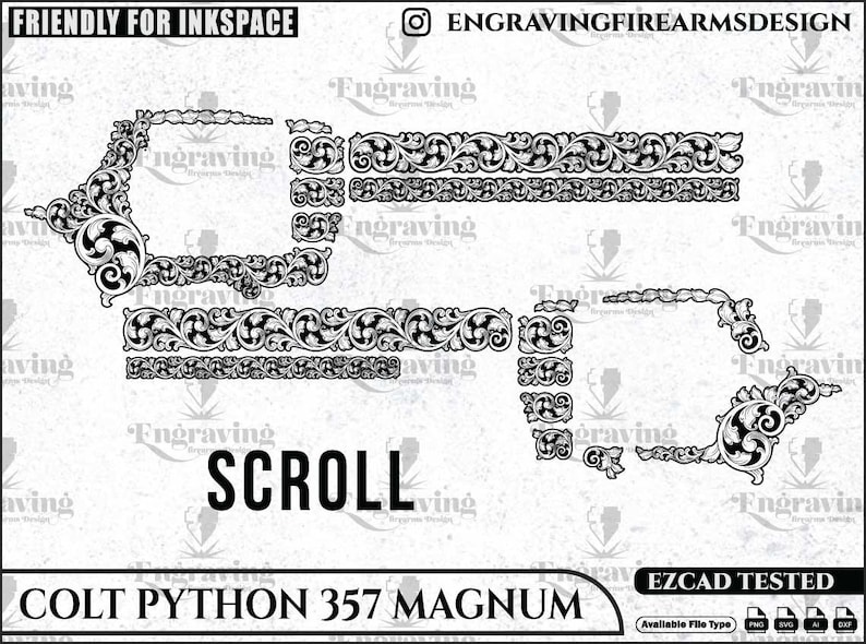 K&ouml;nnte beinhalten: Schwarz-wei&szlig;e Scroll-Designelemente zum Gravieren, mit dem Text "SCROLL" und "COLT PYTHON 357 MAGNUM". Enth&auml;lt verschiedene dekorative Bord&uuml;ren und Eckendesigns. Das Bild enth&auml;lt auch den Text "FRIENDLY FOR INKSPACE" und "EZCAD TESTED".