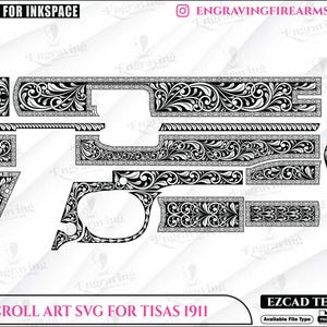 Pode incluir: Design SVG de arte de rolagem em preto e branco para um Tisas 1911. O design apresenta padrões florais intrincados e é rotulado como testado em EZCAD. A imagem inclui o texto "SCROLL ART SVG FOR TISAS 1911".