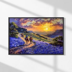 Sunset Cowboy Wall Art, Western Landscape Painting, Horse Riding Art Print, Bluebonnets Field Artwork, Scenic Nature Decor, Texas Wall Art