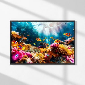 Clownfish Reef Wall Art, Colorful Marine Life Canvas Print, Sea Anemone Fish Home Decor, Nautical Wall Art, Tropical Wall Art
