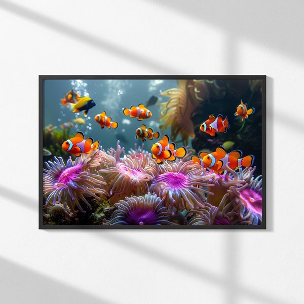 Clownfish Reef Wall Art, Colorful Marine Life Canvas Print, Sea Anemone Fish Home Decor, Nautical Wall Art, Tropical Wall Art