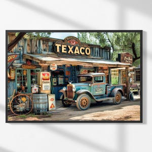 Vintage Texaco Gas Station Print: Rustic Truck Americana Wall Art