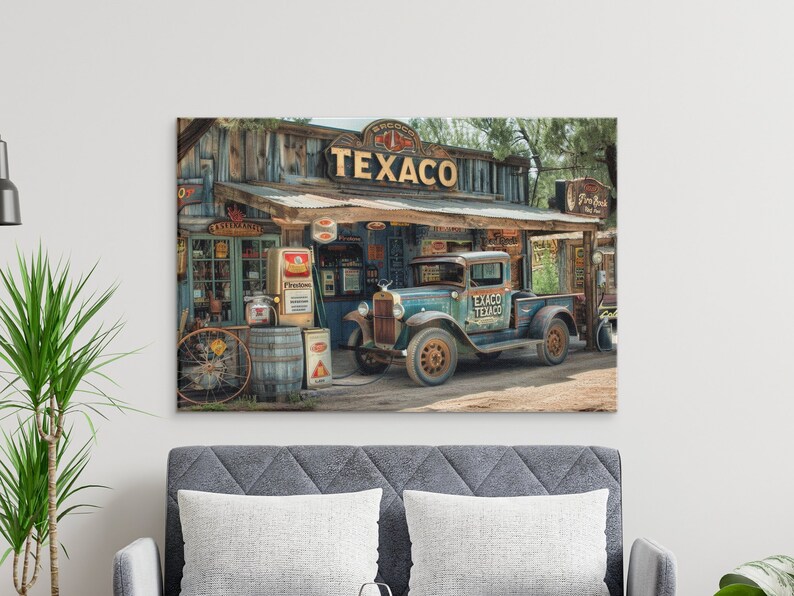 Vintage Texaco Gas Station Print, Rustic Old Truck Wall Art, Retro ...