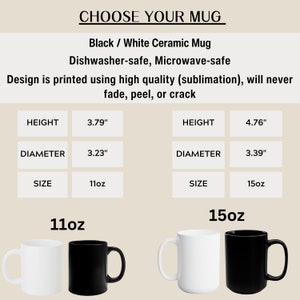 May include: Two black and white ceramic mugs, one 11oz and one 15oz. The mugs are dishwasher and microwave safe. The design is printed using high quality sublimation, which will never fade, peel, or crack.