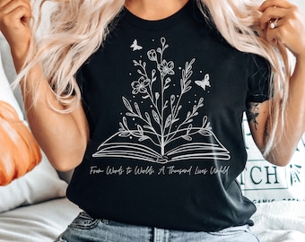 読書好きTシャツ：花柄ブックグラフィックTシャツ、本好きの服