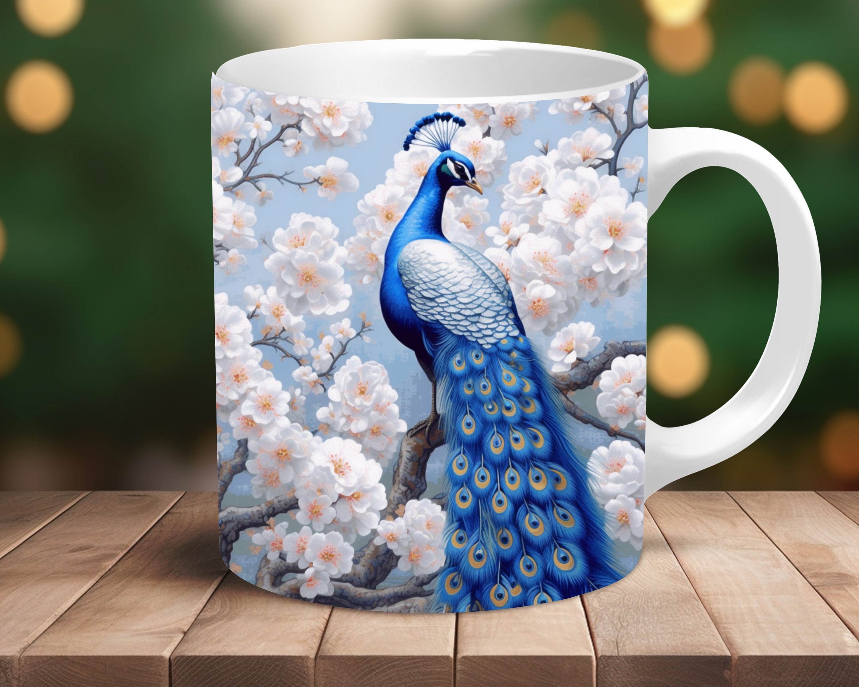 Tazza Da Caffè In Ceramica Con Motivo Pavone Su Albero Di Ciliegio – Adatta Al Microonde – Colore 14, Design Floreale