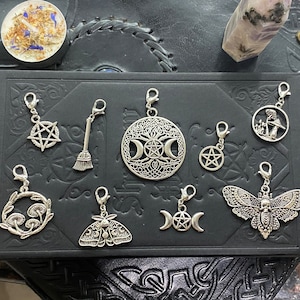 Witchy Charm Collection – 9 Clip-On Charms for Wiccan, Pagan & Occult Jewelry – Pentacle, Triple Moon, and Witchcraft Symbols