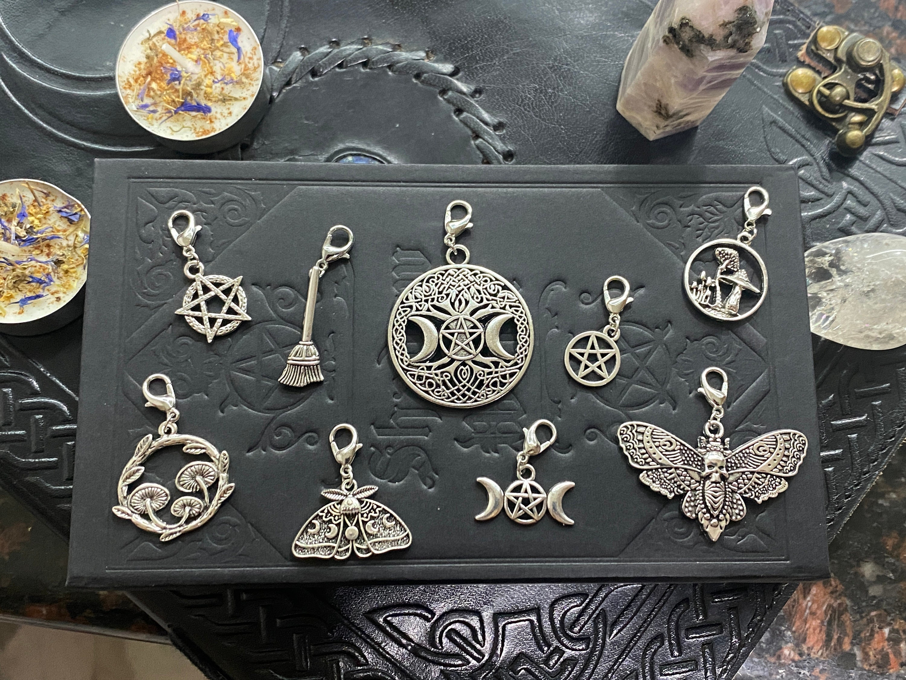 Witch Charms with Broom, Pagan Charm Set, Witchcraft, Pentacle, Triquetra, and Triple Moon Goddess Charms, Bracelet