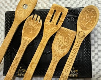 Elemental Wooden Spoon Set – 5 Engraved Bamboo Cooking Spoons with Earth, Air, Fire, Water, Spirit Symbols – Kitchen Witch Decor & Tools