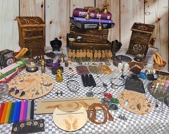 May include: A collection of witchy items including candles, crystals, herbs, and other magical supplies. The items are arranged on a checkered tablecloth with a wooden background. The text "The Book of Practical Spellcraft: Witchcraft" is visible on a book in the image.