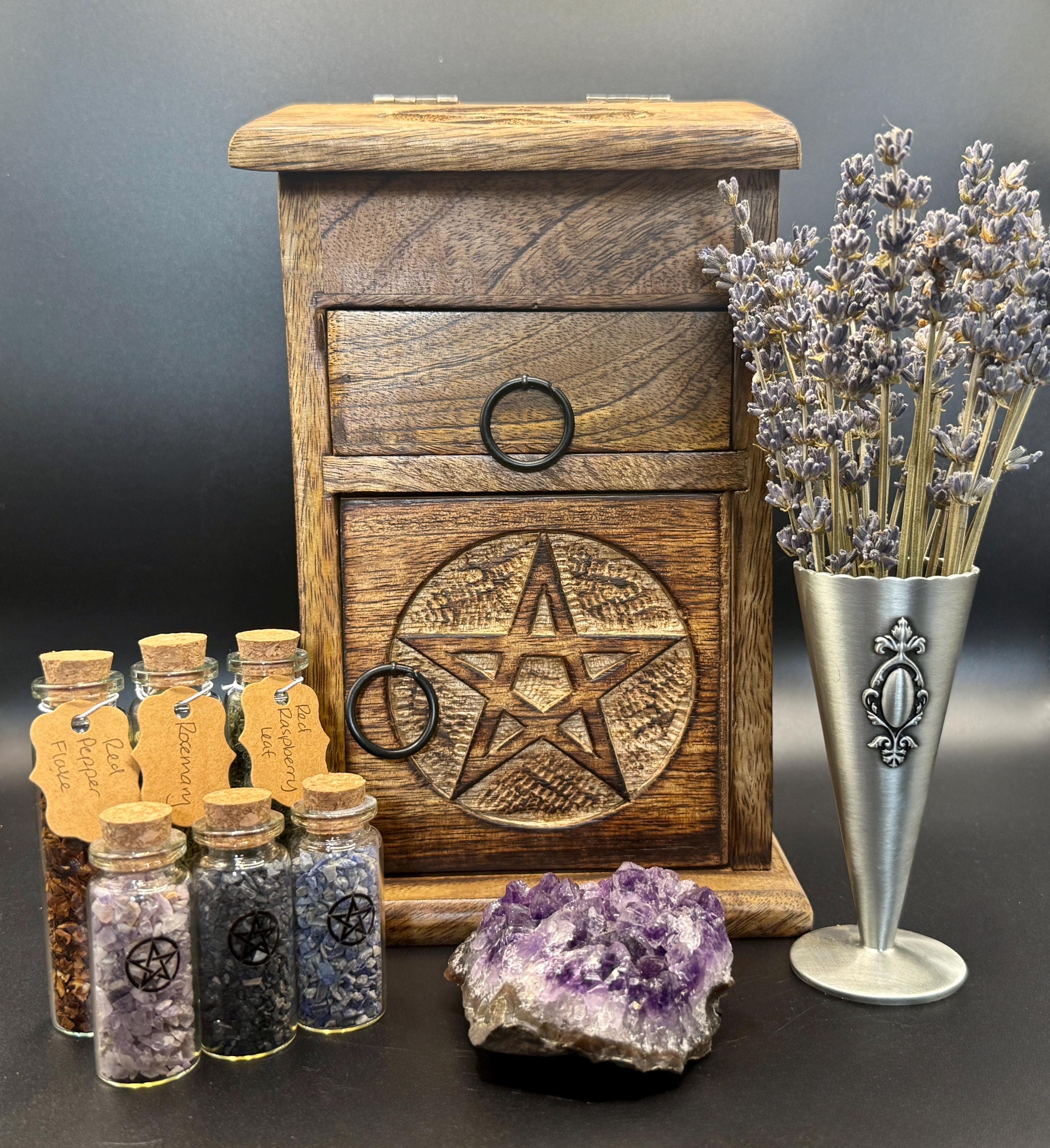 Pentacle Wooden Altar Chest - 3-Compartment Witch Storage Box for Crystals, Tarot, Herbs and Ritual Tools - Wiccan Pagan Spiritual Decor