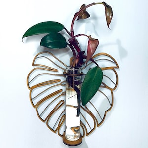 Plant Propagation Wall Hanging, Monstera Leaf Decor Stand, Glass Nature Leaves Station, Unique Indoor Wall Planter, Bud Vase, Gift for her