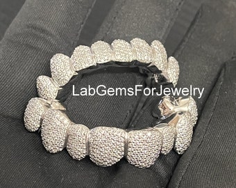 Or blanc massif 10 carats brillant 8 dents en haut et 8 dents du bas en moissanite Grillz - Bijoux hip hop pour garçons et filles