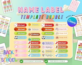 Back-to-school Name Label Template | Stickers School/Home Name Label for Kids/Student | Canva Editable Template, School Name Tag