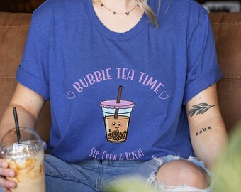 Blue Kawaii Boba Tea Party Shirt, Cute Bubble Tea Shirt, Cute Tea Shirt, Gift For Tea Love, Bubble Tea Shirt, Boba Clothing Crewneck