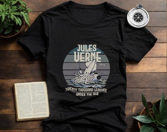Black 20,000 Leagues Under the Sea Shirt, Jules Verne SVG, Unisex Tshirt Gift Scuba Diving Gift Classic Literature T-Shirt Gift for Reader