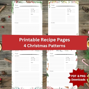4 Folhas de Receitas para Imprimir Desenhos de Natal 8,5x11, PDF SVG, Páginas de Receitas para Download Digital, KDP Interior, Uso Comercial