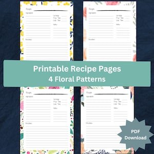 4 Folhas de Receitas para Imprimir Desenhos Florais 8,5x11 e PDFs A5, Padrão Primavera e Verão, Páginas de Receitas para Download Digital, Interior KDP