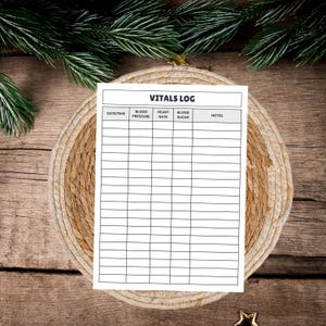 Puede incluir: Un registro de signos vitales imprimible con columnas para fecha/hora, presión arterial, frecuencia cardíaca, azúcar en sangre y notas.