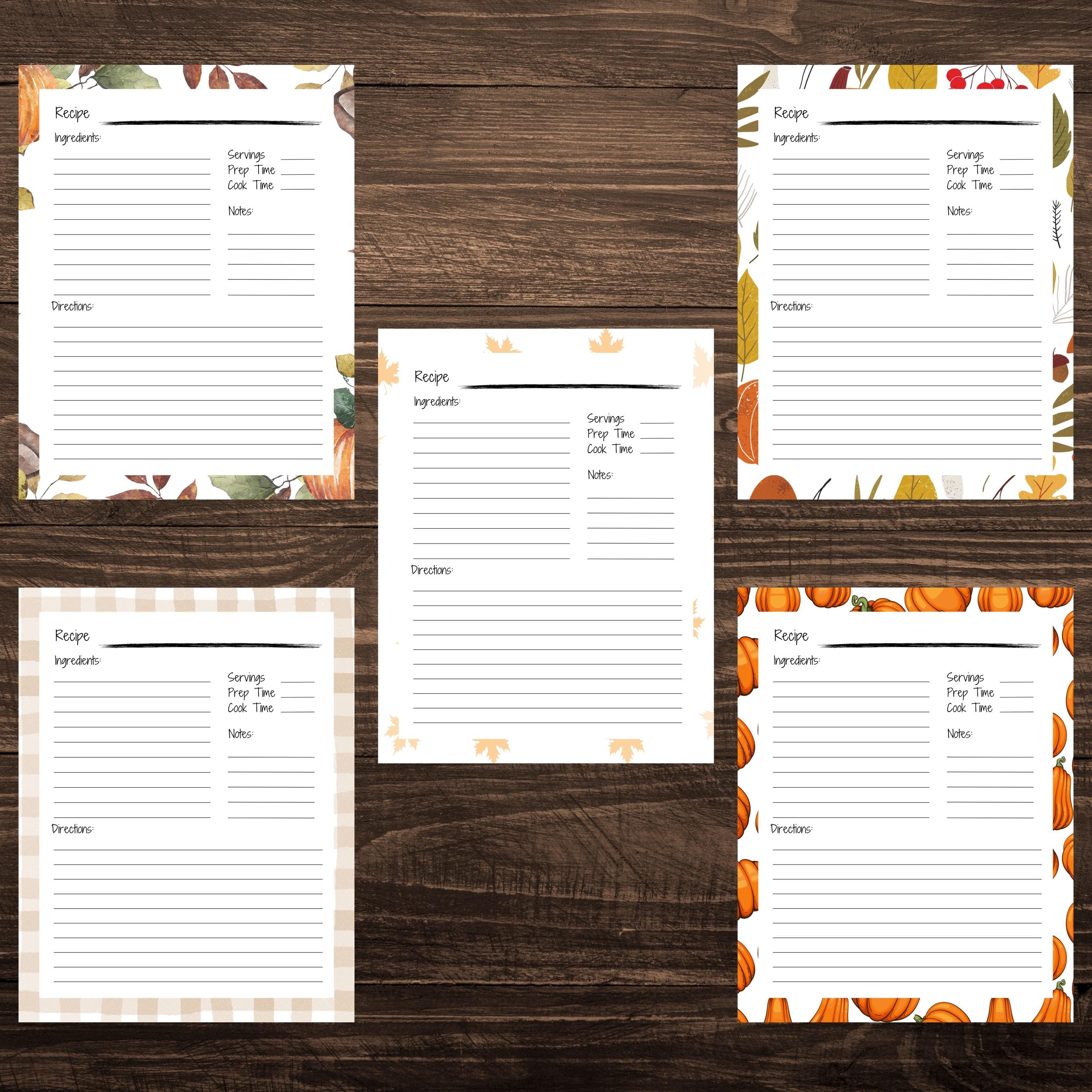 Fall Recipe Sheets: 10 Printable Thanksgiving Designs (PDF Digital ...