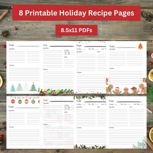 Páginas de receitas para impressão 8,5x11 e A5, designs de Natal, livro de receitas digital, página de receitas de férias em branco, interior KDP