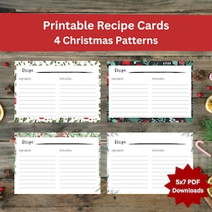 4 Cartões de Receitas para Imprimir, Desenhos de Natal 5x7, PDF, Download Digital Instantâneo, Páginas de Receitas