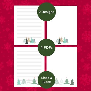 May include: White stationery with a Christmas tree design at the bottom. The image shows two designs and four PDFs, with lined and blank options. The background is red with white snowflake patterns.