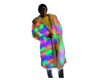 LED Fur Coat / Jacket Faux Fur Long Coat With Programable LED's /  CUSTOM  / For Music Festivals, Party, Raves, And Events