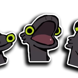May include: Three cartoon images of a black creature with large green eyes. The first image shows the creature with its mouth closed and looking to the right. The second image shows the creature with its mouth wide open and looking straight ahead. The third image shows the creature with its mouth wide open and looking to the left.