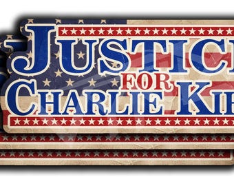 May include: A stack of rectangular stickers with a distressed American flag design. The stickers feature the text "JUSTICE FOR CHARLIE KIRK" in blue and red, with a vintage, worn appearance.