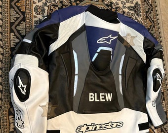 Giacca in pelle moto Alpinestar TG-P Plus blu personalizzabile, giacca in vera pelle di vacchetta originale da moto da uomo, miglior regalo