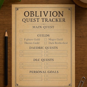 Könnte beinhalten: Eine druckbare Checkliste zum Verfolgen von Quests im Videospiel The Elder Scrolls IV: Oblivion. Die Checkliste enthält Abschnitte für die Hauptquest, Gilden, Daedric-Quests, DLC-Quests und persönliche Ziele.