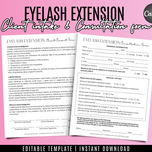 Editable Lash Extensions Consent Form, Lash Tech Consultation, Simple Eyelash Extensions Intake and Consent Form, Esthetician Forms