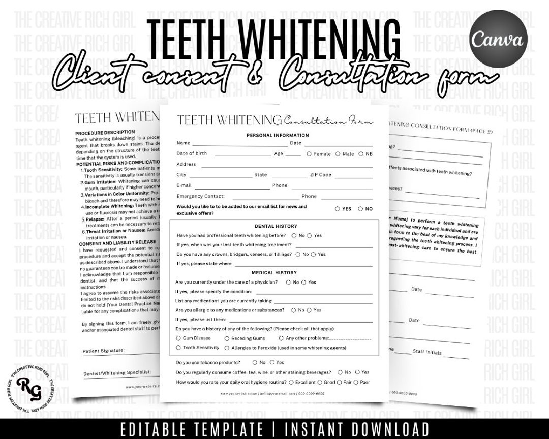 Editable Teeth Whitening Consent Forms, Consent Form Template, Esthetician Forms, Teeth