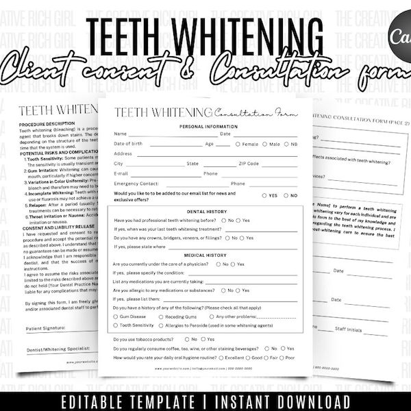 Editable Teeth Whitening Consent Forms, Consent Form Template, Esthetician Forms, Teeth Whitening Waiver Form, Client intake forms