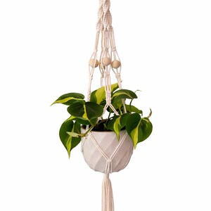 Può includere: Un portavaso sospeso in macramè con un vaso in ceramica bianco pieno di una pianta verde e gialla. Il macramè è color crema con perline di legno e un anello di legno. Una nappa color crema pende dal fondo del vaso. Il vaso misura circa 15 cm di diametro.