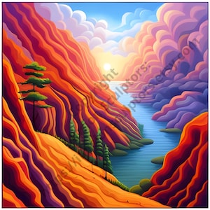 May include: A digital painting of a canyon with a river running through it. The canyon walls are a vibrant orange and red, while the river is a bright blue. The sky is a light blue with white clouds. The painting has a stylized, almost abstract look.