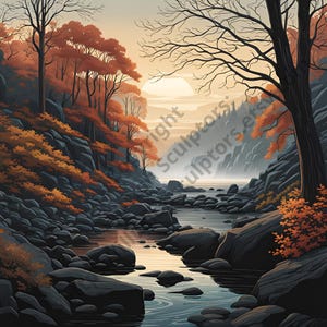 May include: A digital painting of a forest scene with a river flowing through it. The trees are in shades of orange and brown, and the river is a deep blue. The sun is shining brightly in the sky, and the air is filled with a sense of peace and tranquility.